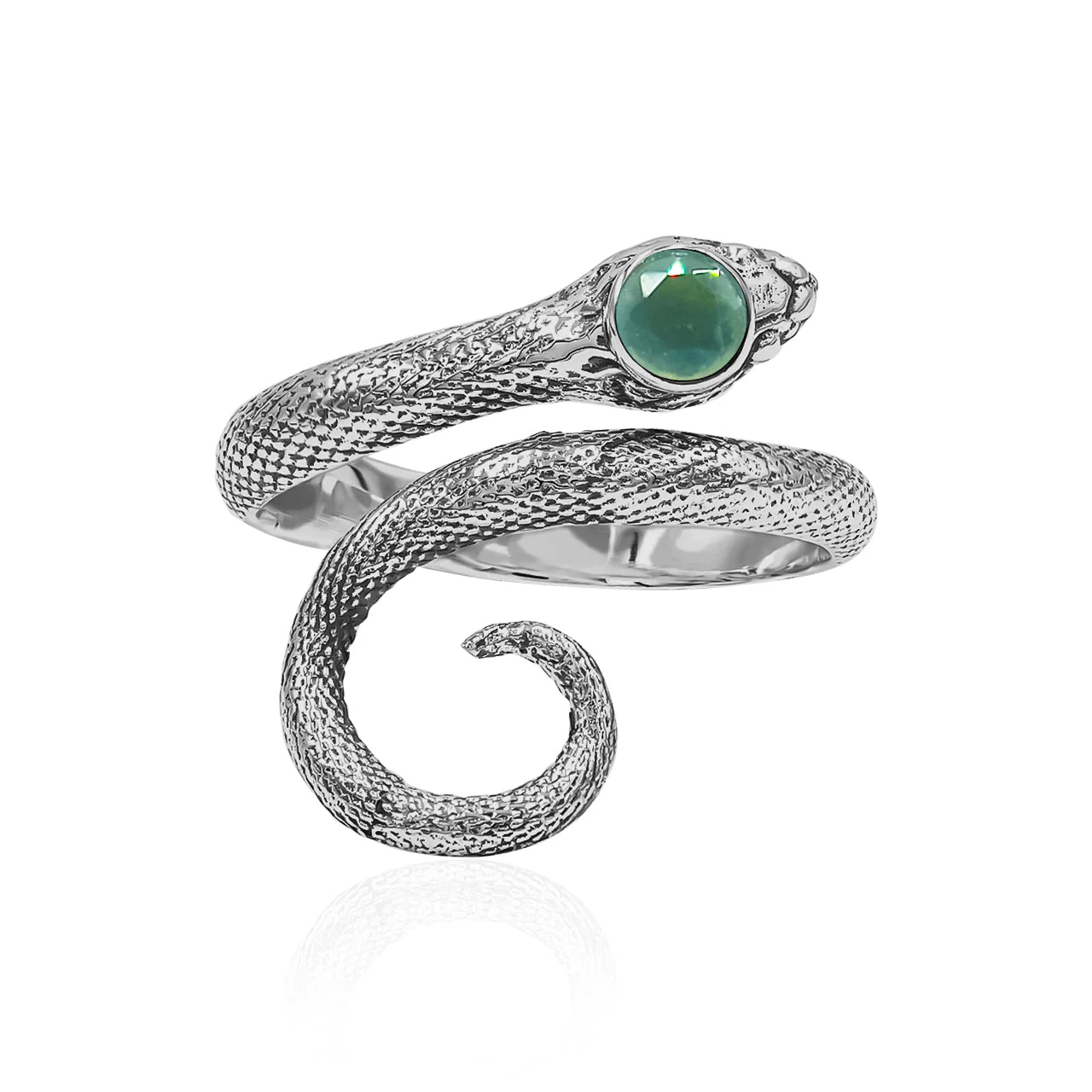 Starborn Coiled Snake Ring with Faceted Moldavite in Sterling Silver - Image 2